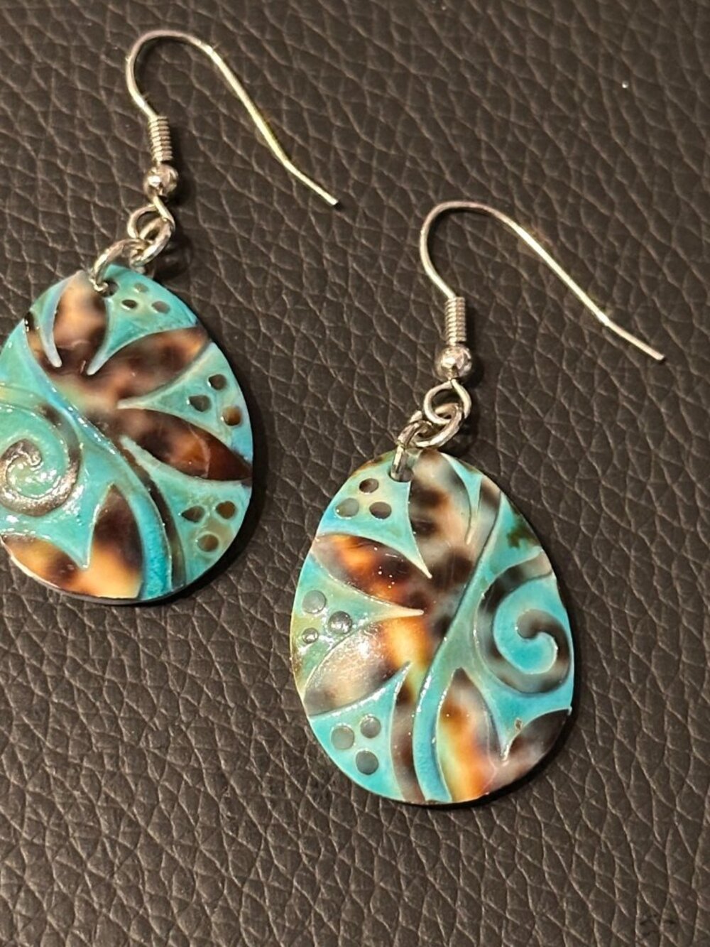 3/$30 Turquoise Blue Brown Teardrop Dangle Earrings Swirl Floral Design Silver